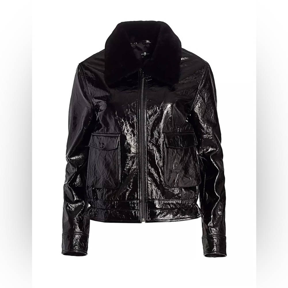 7 For All Mankind Faux-Fur Collar Patent Leather Jacket MSRP $695